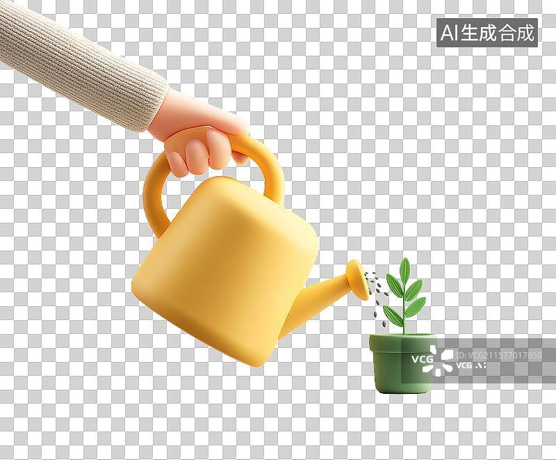 【AI数字艺术】【免抠png素材】一只卡通手正给盆栽浇水图片素材