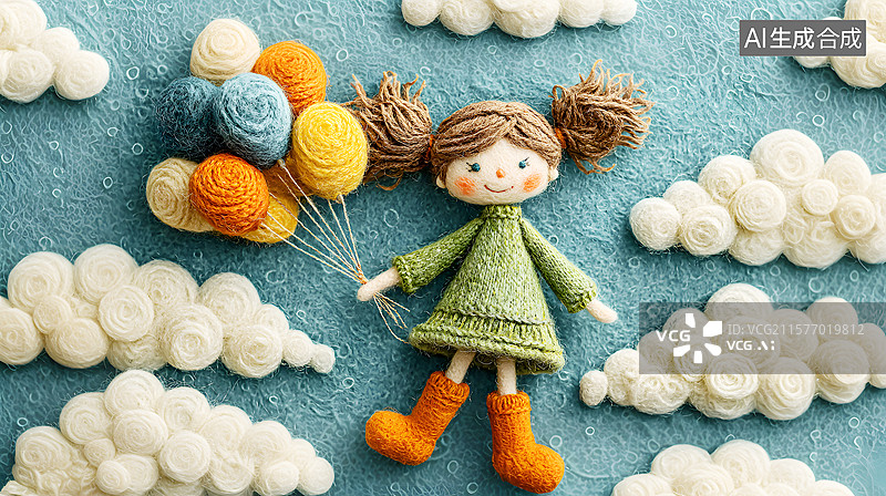 【AI数字艺术】AIGC：3D毛线风格 拿着气球的小女孩 治愈系背景壁纸图片素材