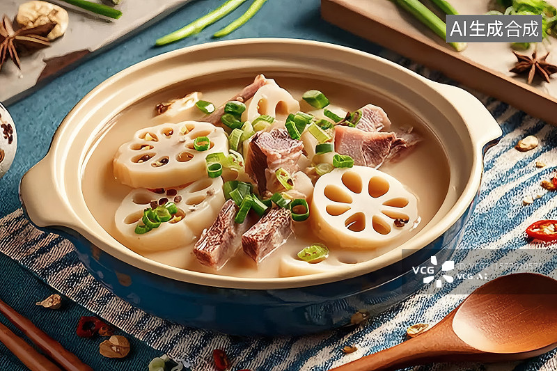 【AI数字艺术】砂锅中的排骨莲藕汤图片素材