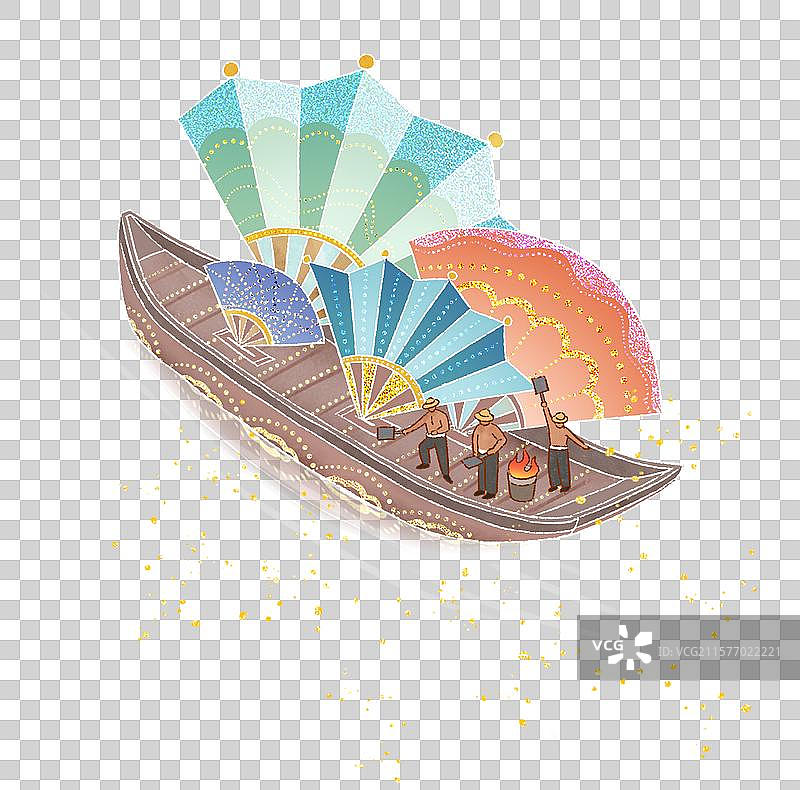 三个男人在花船上表演打铁花图片素材