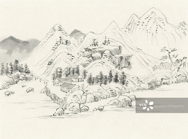 临清代画家山水墨乡村房子杂树高山河流风景插画图片素材
