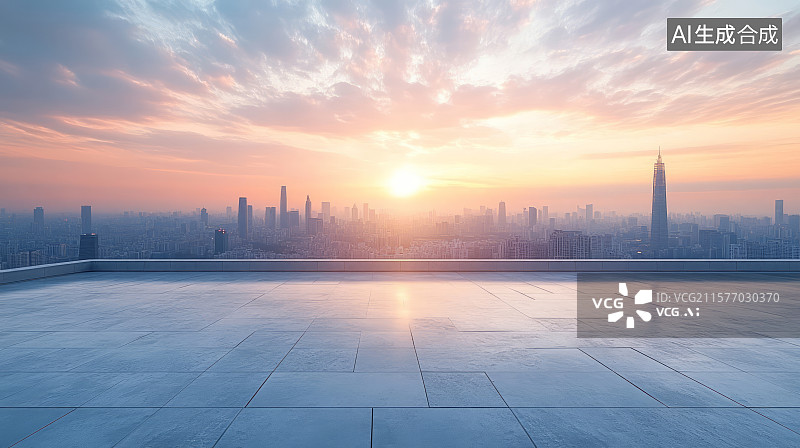 【AI数字艺术】黄昏下现代城市天际线与空旷平台图片素材