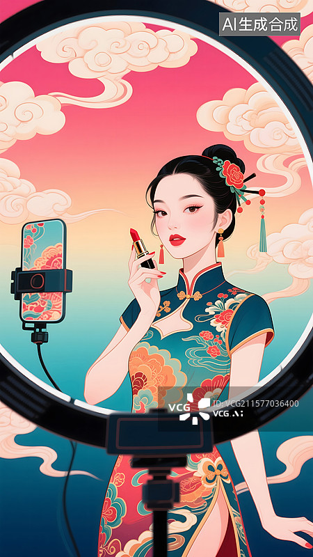 【AI数字艺术】国潮美妆直播图片素材