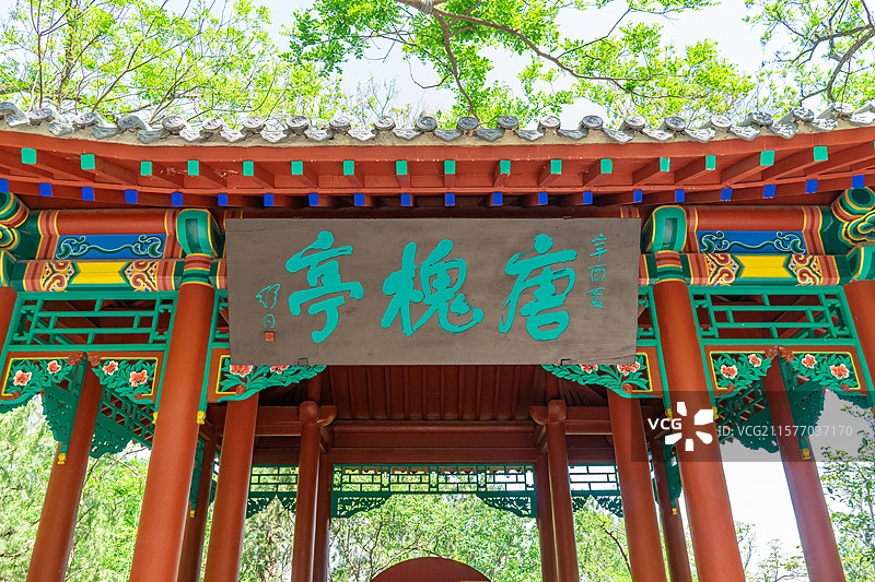 中国山东省济南市千佛山风景区，历山院和兴国禅寺峰洞天福地的唐槐亭亭子，户外白昼无人图像摄影图片素材