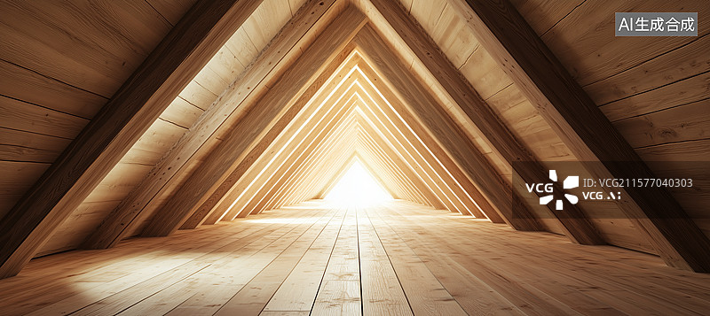 【AI数字艺术】木质阁楼三角结构与光亮尽头图片素材