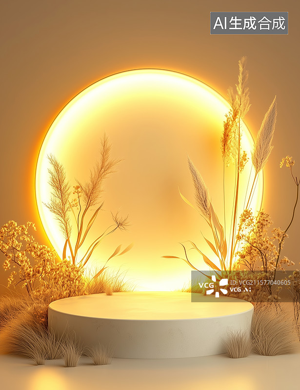 【AI数字艺术】温暖光圈与干花环绕的展示台图片素材