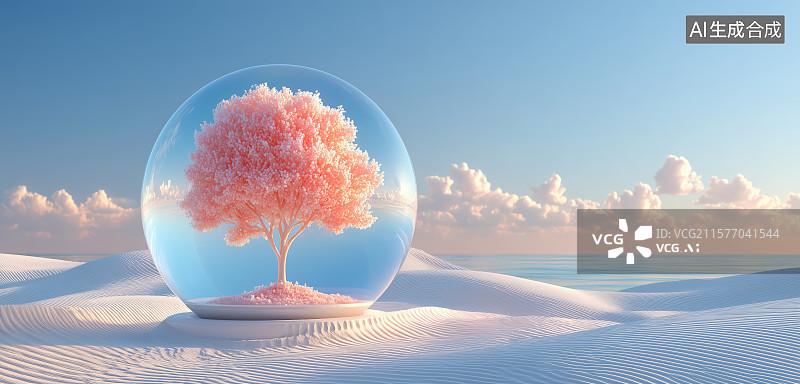【AI数字艺术】粉色树在圆形框架内的沙漠景观图片素材