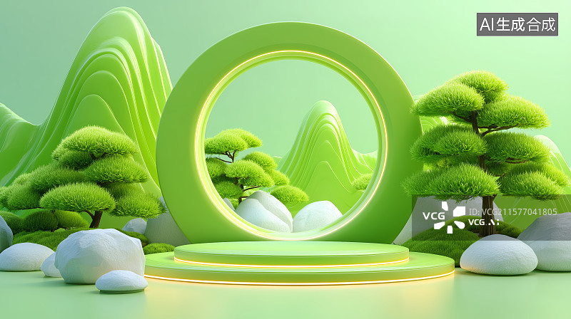 【AI数字艺术】梦幻山水舞台映衬自然美景图片素材