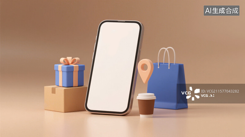 【AI数字艺术】桌面展示放置白屏智能手机纸箱礼物盒杯子定位图标和购物袋场景，使用智能手机线上消费在线购物概念图片素材