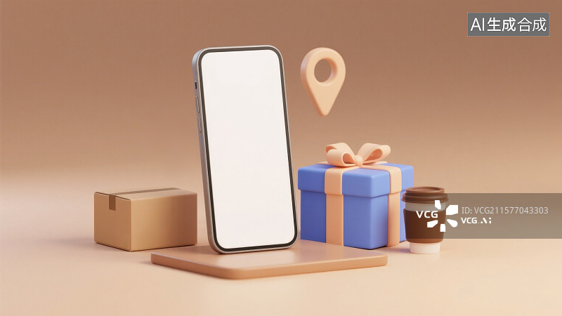 【AI数字艺术】桌面展示放置白屏智能手机纸箱礼物盒杯子定位图标和购物袋场景，使用智能手机线上消费在线购物概念图片素材