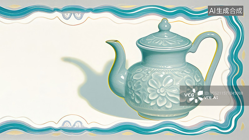 【AI数字艺术】青色花纹茶壶插画图片素材