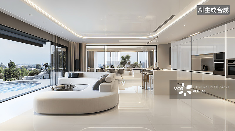 【AI数字艺术】现代极简轻奢带开放式厨房泳池住宅别墅客厅图片素材