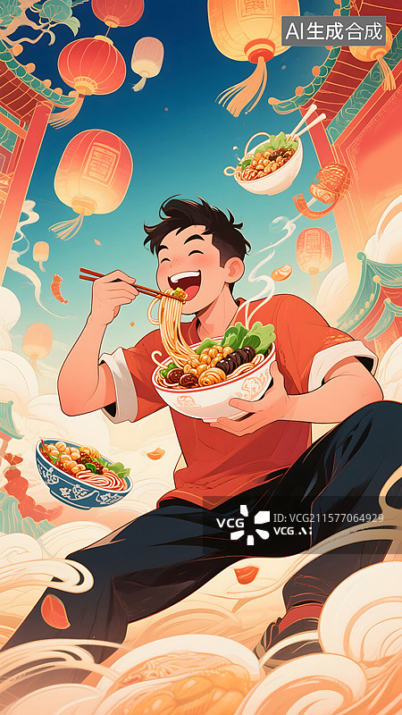 【AI数字艺术】国潮少年开心吃螺蛳粉图片素材