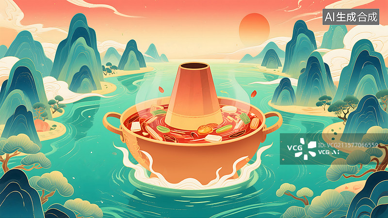 【AI数字艺术】国潮山水火锅宴图片素材