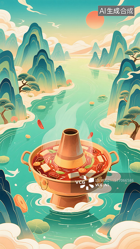 【AI数字艺术】国潮山水火锅宴图片素材