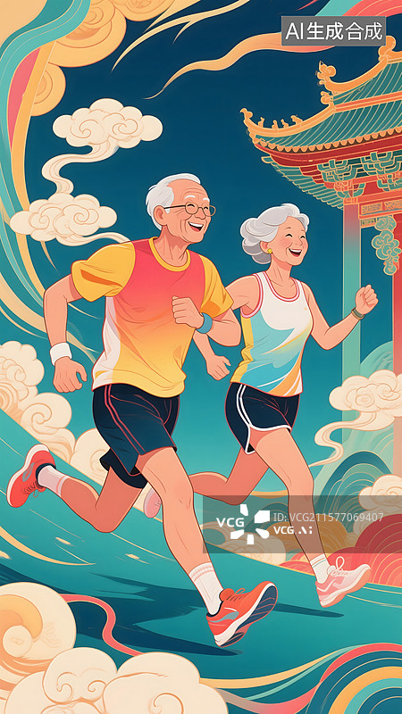 【AI数字艺术】老年夫妻跑步运动插画图片素材
