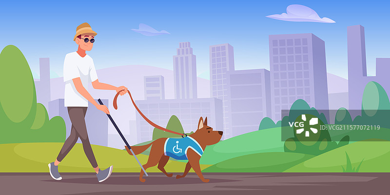 残疾人士与家庭犬助手的角色图片素材