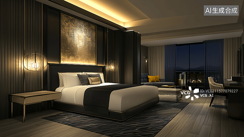 【AI数字艺术】现代黑金豪华酒店套房城市夜景大床房效果图图片素材