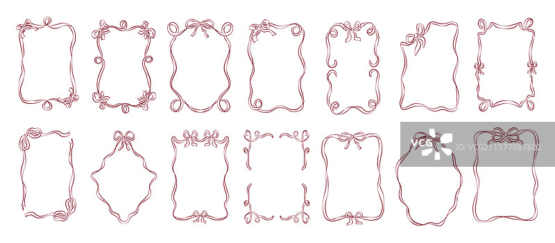 一组带有蝴蝶结的孤立轮廓丝带框架图片素材