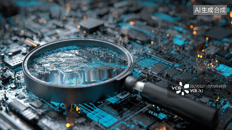 【AI数字艺术】电路板芯片上的放大镜图片素材