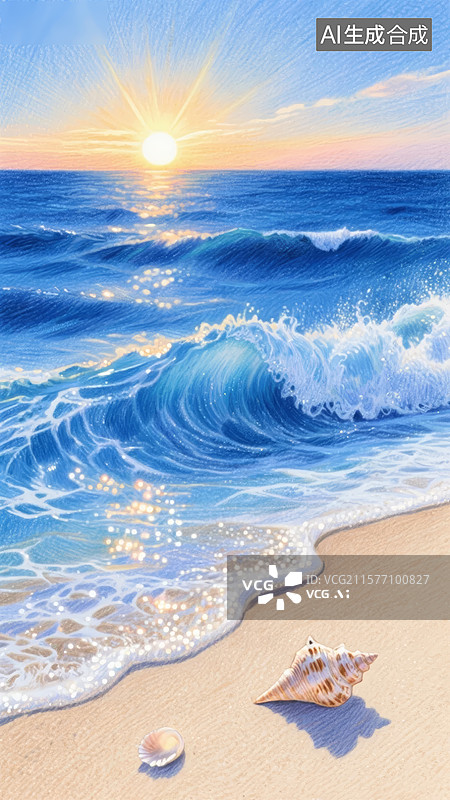 【AI数字艺术】日落海滩，海浪轻拍沙滩图片素材