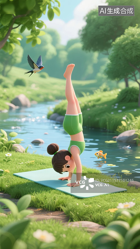 【AI数字艺术】女孩在河边草地上做瑜伽图片素材