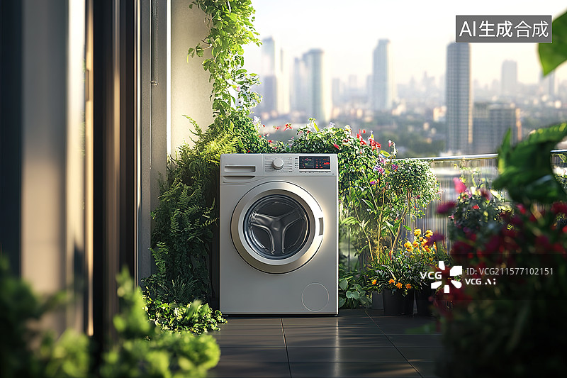 【AI数字艺术】明媚阳光下的阳台和洗衣机居家生活场景插画图片素材