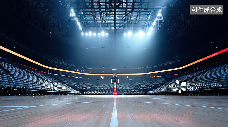 【AI数字艺术】灯光背景下的空旷室内篮球场体育场馆插画图片素材