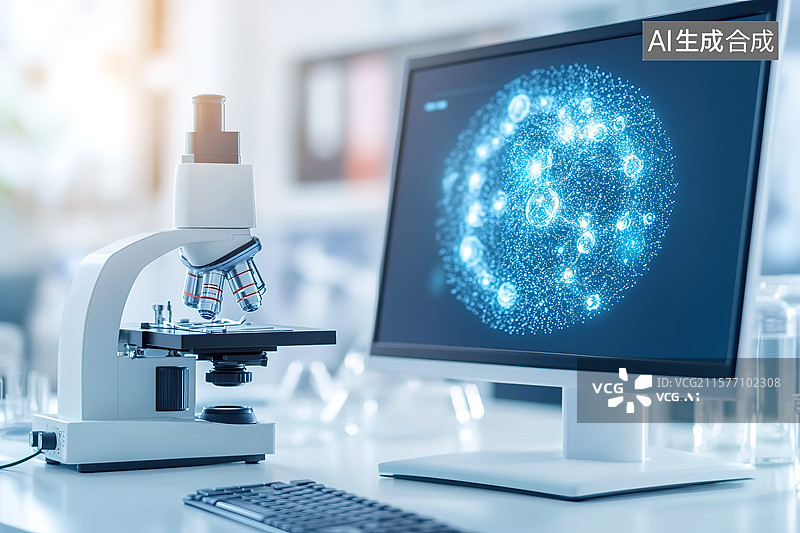 【AI数字艺术】实验室电子显微镜和电脑屏幕上显示出的细胞图像图片素材