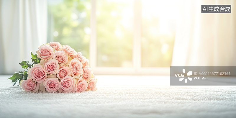 【AI数字艺术】简约清新风格室内窗边的一束粉色玫瑰花图片素材