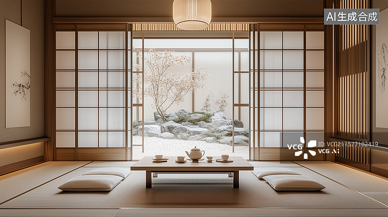 【AI数字艺术】日式奶油茶室的雅致与禅意图片素材