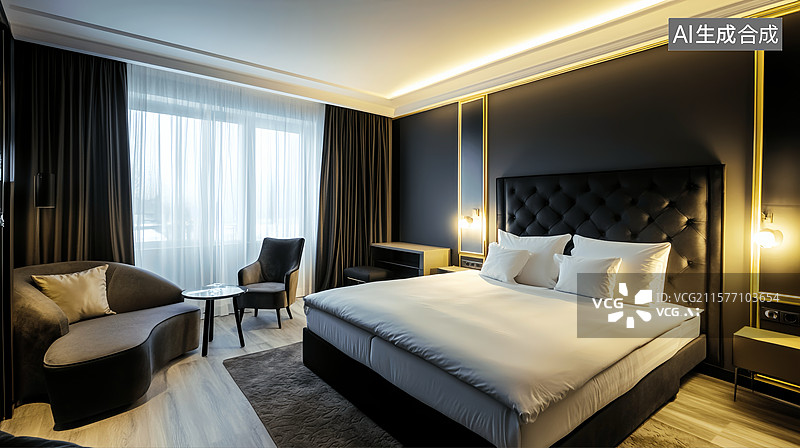 【AI数字艺术】现代轻奢黑金时尚酒店城市大床房效果图图片素材