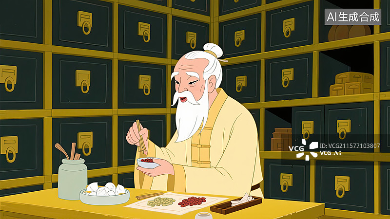 【AI数字艺术】白头发，老中医，中药柜，抓药，插画图片素材