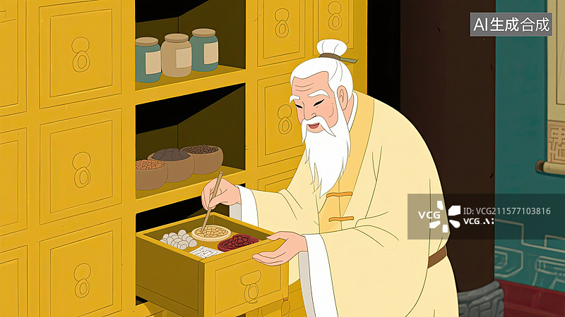 【AI数字艺术】白头发，老中医，中药柜，抓药，插画图片素材