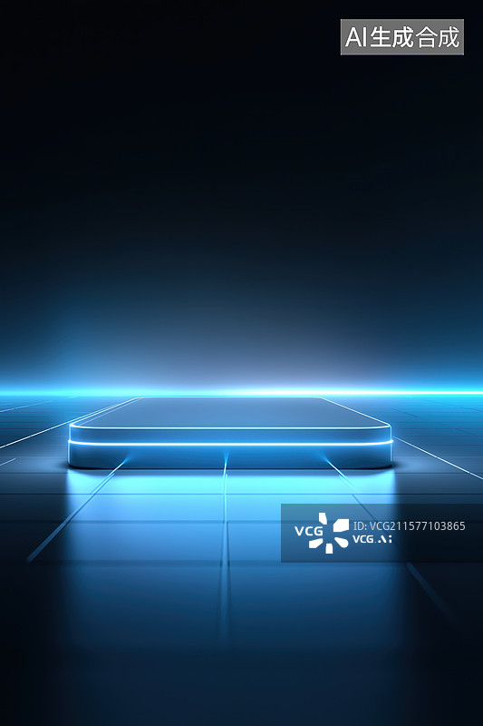 【AI数字艺术】蓝色霓虹灯照亮的未来科技场景图片素材