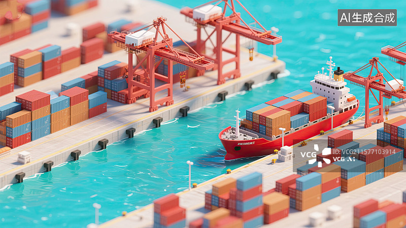 【AI数字艺术】集装箱码头，货物集装箱，远洋邮轮，微缩景观，插画图片素材