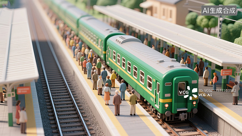【AI数字艺术】人群，绿皮火车，站台，微缩景观，插画图片素材