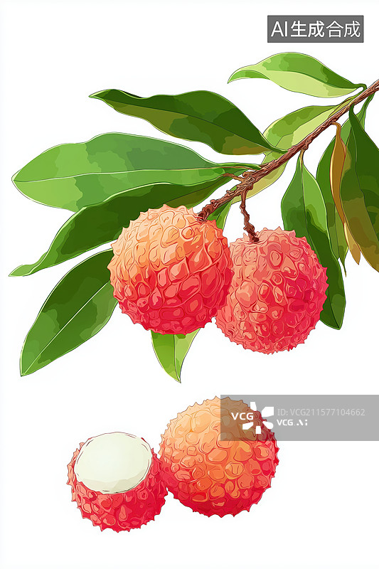 【AI数字艺术】新鲜荔枝与绿叶的插画图片素材