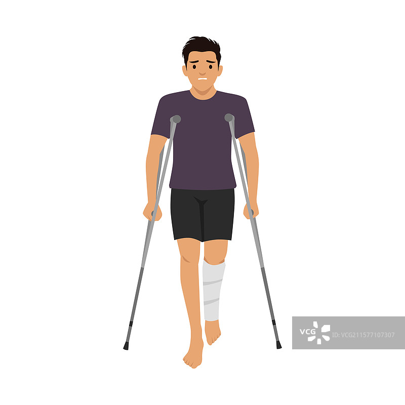 年轻男子腿部包扎着，正在走路。图片素材