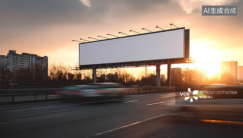 【AI数字艺术】黄昏公路旁的空白广告牌图片素材