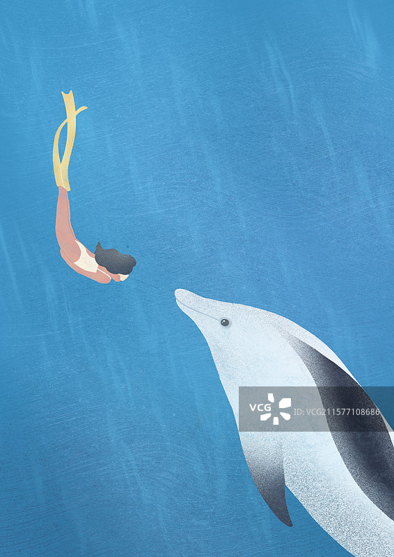 海底潜水女人与海豚风景插画图片素材