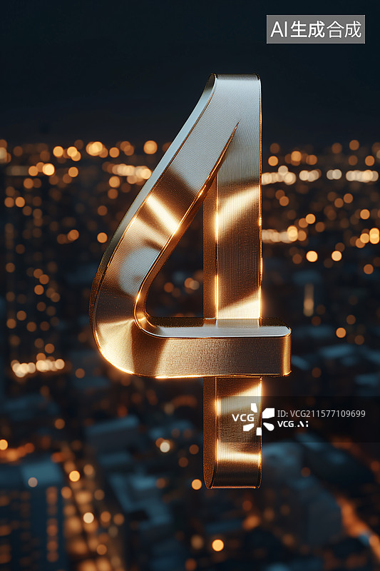 【AI数字艺术】鎏金数字4生日周年庆商务城市夜景3D插画图片素材