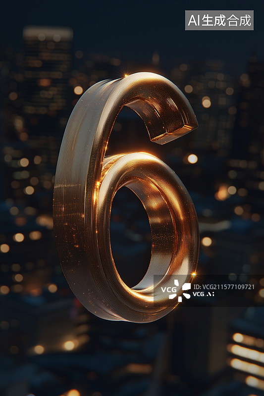 【AI数字艺术】鎏金数字6生日周年庆商务城市夜景3D插画图片素材