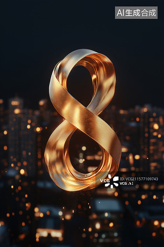 【AI数字艺术】鎏金数字8生日周年庆商务城市夜景3D插画图片素材