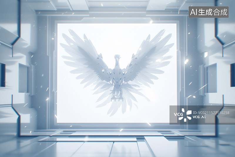 【AI数字艺术】展厅里一只展翅的大鸟赛博朋克壁纸插画图片素材