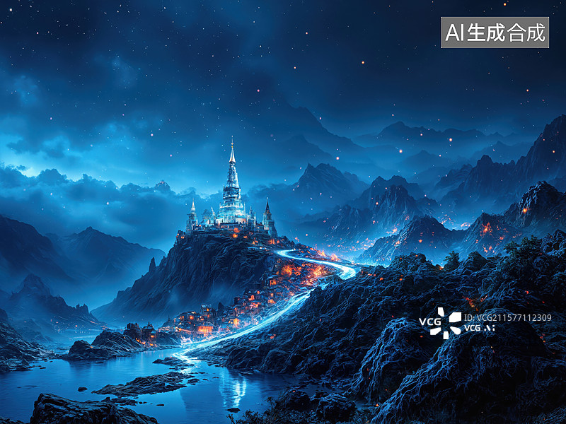 【AI数字艺术】梦幻城堡夜景图片素材