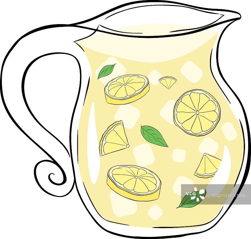 透明水壶中的柠檬水图形线条墨水画图片素材