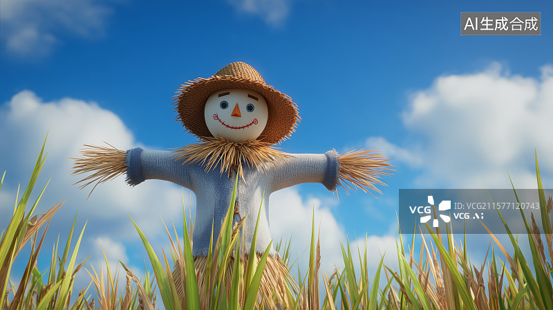 【AI数字艺术】稻草人站立在金黄麦田中图片素材