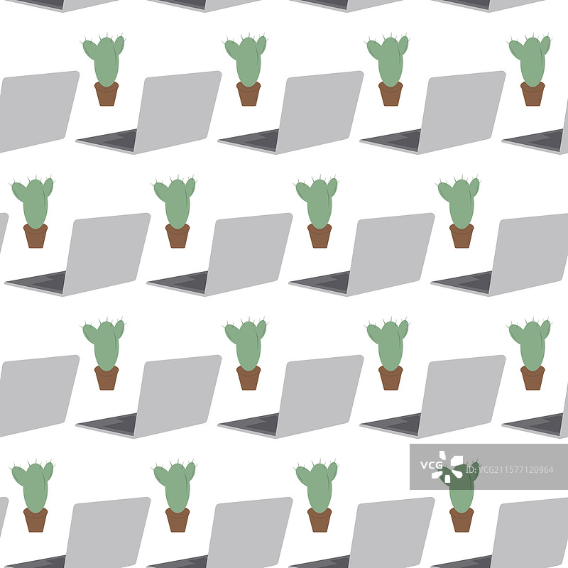 简约风格的花盆仙人掌与打开的电脑无缝图案图片素材