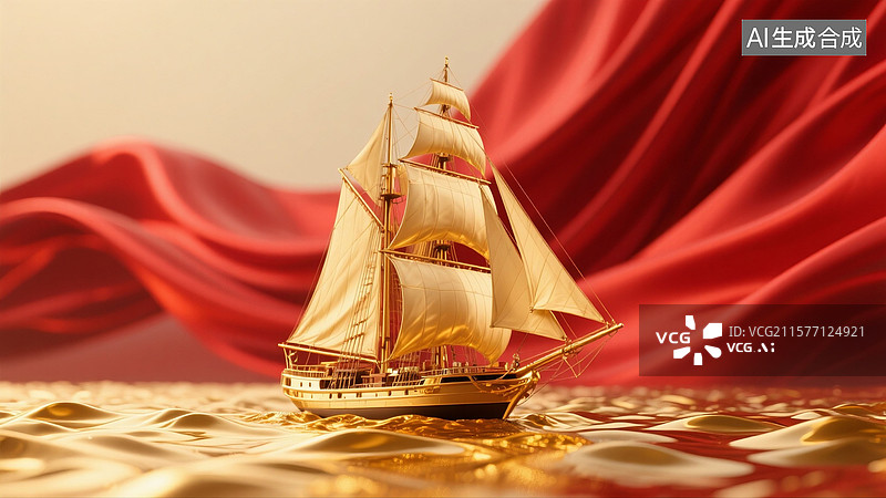 【AI数字艺术】金色古代帆船插画图片素材